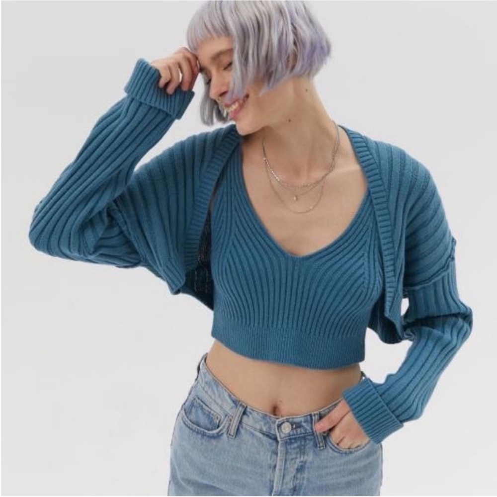 ✨UO Urban Outfitters Daphne Ribbed Sweater Set Tank & Shrug Dusty Teal Blue S✨